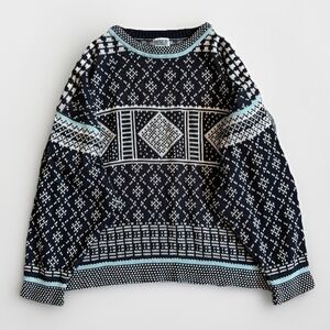 UNIONBAY Vintage 90s Nordic Fair Isle Knit Sweater Mens L Black Geo Grunge Cabin